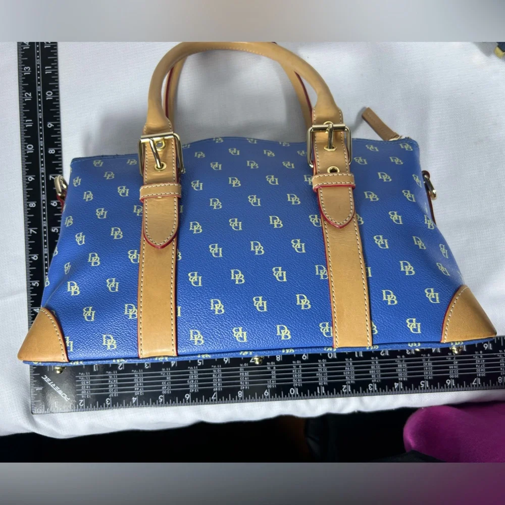 4222: Dooney & Bourke Blue DB Monogram 3 Pc Satchel Wallet Glasses Case Set